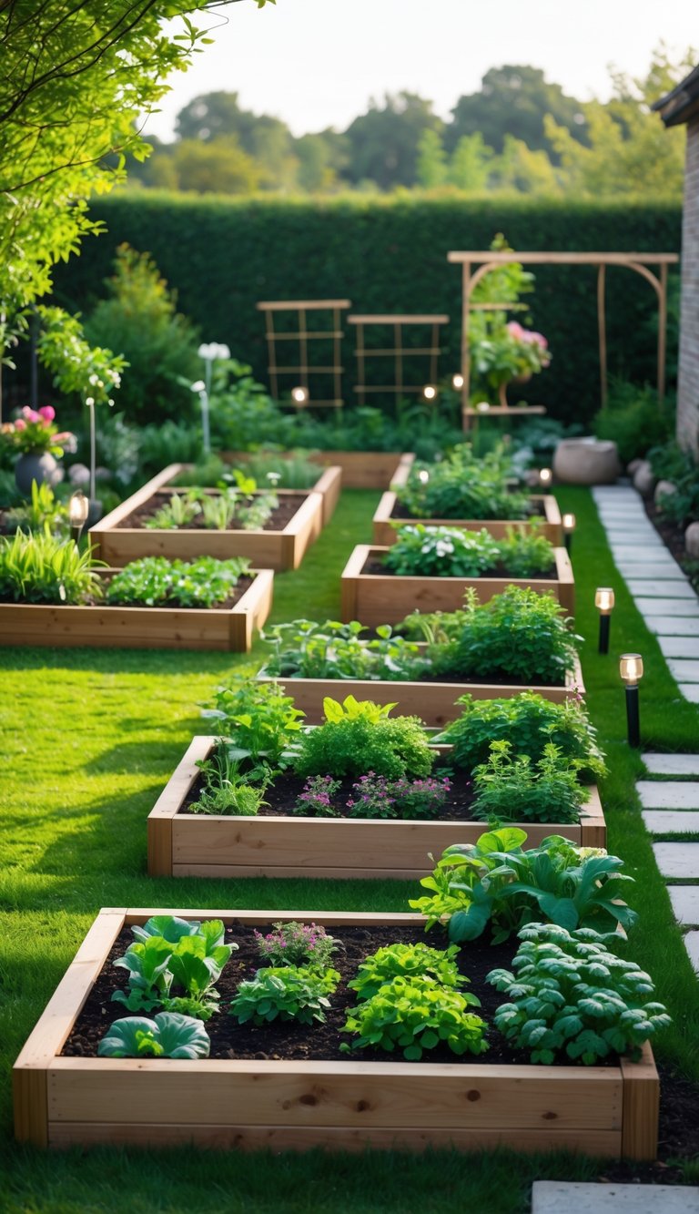 A garden with multiple narrow raised beds filled with various plants arranged neatly to define different planting areas.